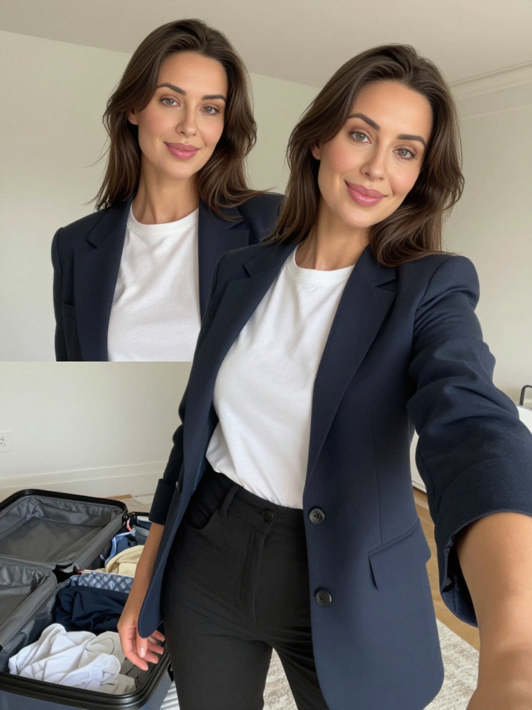 A woman in a navy blazer and black trousers, holding a folded shirt in a small London flat